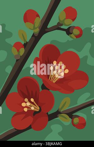 A stylized illustration of red flowers blooming on dark branches, set against a green leafy background. Stock Vector