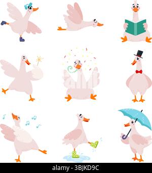 Funny goose. Cute geese in different poses, farm bird read book, flying, dancing, walking on puddles in rubber boots. Children mascots, classy vector Stock Vector
