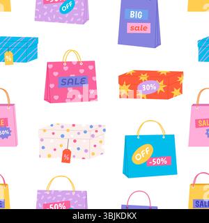 Shopping bags seamless pattern. Sale package, cardboard decorative boxes and bag. Discount print for web design, fabric, wallpaper, vector background Stock Vector