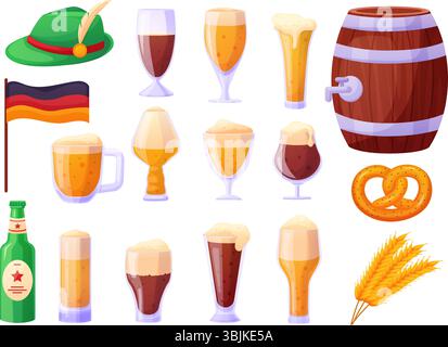 Cartoon oktoberfest elements. Beer glasses, bretzel, wooden barrel for drink, bottle of beer. Alcoholic drink traditional symbols, bar beverages Stock Vector