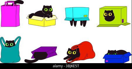 Cats sitting in different boxes and shopping bags. Funny cartoon black cat play with plastic bag. Kitten peeking from cardboard box, vector animals Stock Vector