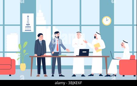 Arab male business meeting. Businessmen negotiation in office, muslim characters with partners. Saudi people in traditional costume, recent vector Stock Vector