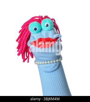Funny sock puppet with hair isolated on white Stock Photo