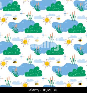 Lake with reeds and flying insects on clear sunny day background Stock Vector