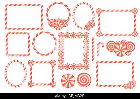 Set of red and white candy cane frames with peppermint candies. Perfect for Christmas cards, winter invitations, or festive decorations. Stock Vector