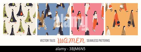 Seamless pattern set with women in stylish outfits Stock Vector