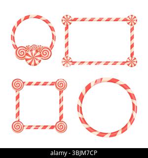 Set of four festive candy cane frames with peppermint accents. Includes circular and square borders for Christmas projects and layouts. Stock Vector