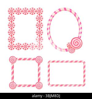 Set of four pink candy cane frames with swirls and peppermint corners. Great for Christmas templates, cards, and festive designs. Stock Vector