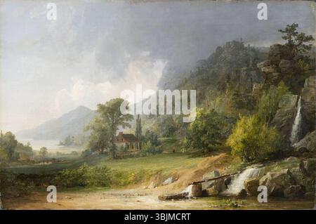 Jasper Francis Cropsey’s 'Passing Shower on a Spring Afternoon' is an oil on canvas painting from 1846. It portrays a spring landscape with a rain shower passing over the scene, reflecting light and nature's renewal. Stock Photo