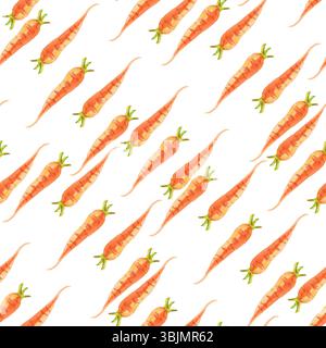 Carrots. Watercolor seamless pattern fresh orange carrots on a white background. Botanical hand drawn food illustration. Hand drawn for kitchen textil Stock Photo