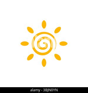 Sun Logo Spiral Summer Symbol for hot weather, sunny day designs, summer vacation branding, tropical energy visuals, June and July heat themes, and Stock Vector