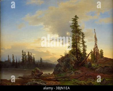 Sophus Jacobsen's *Nordische Landschaft* (Nordic Landscape) is an oil on canvas painting, signed by the artist before 1912. This landscape piece features a natural Nordic scene with rolling hills and a distant horizon, reflecting Jacobsen's characteristic approach to depicting nature’s vast beauty in the Nordic regions, focusing on light and atmosphere. Stock Photo