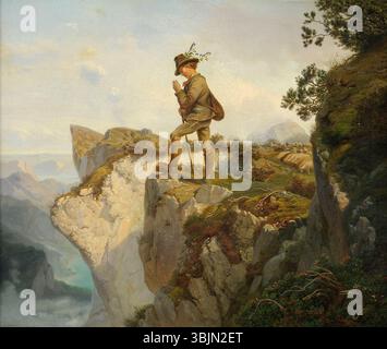 'Ein fescher Almhirt' (A Handsome Alpine Shepherd) by Carl von Binzer (1824–1902) is an oil on canvas painting. The artwork depicts a young shepherd in traditional alpine attire, set against the rugged beauty of the mountainous landscape. Stock Photo