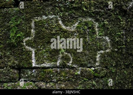 Puzzle piece shape chalk drawing on a mossy wall Stock Photo