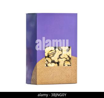 Purple and brown cardboard box of bone shaped dog biscuits isolated on white background, packaging design Stock Photo
