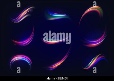 Light effect or vector high speed lines trail. Set of isolated night motion effect for glowing energy ray. Magic flare or spiral sparkle movement. Glitter particle wave. Twirl beam or flash curve.Flow Stock Vector