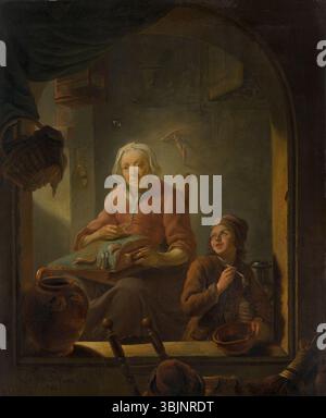 Louis de Moni's 'A Lacemaker, with a Boy Blowing Bubbles' (1742) depicts a domestic scene where a woman is engaged in lacemaking while a boy blows soap bubbles nearby. The oil on panel captures the peaceful and intimate atmosphere. Stock Photo