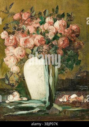 Anton Müller-Wischin’s 'Rosenstrauß' (Bouquet of Roses) from around 1936 is a vibrant oil painting of a bouquet, skillfully arranged to showcase the delicate beauty of roses. The rich colors highlight the floral composition, capturing the softness and elegance of the flowers. Stock Photo