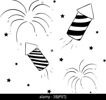 Fireworks rocket composition black and white isolated. Vector graphic line ink illustration. Silhouette sign for logo, print, comics, fashion, pop art Stock Vector