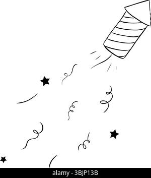 4th of July firework cracker rocket black and white composition isolated. Vector graphic line ink illustration. Silhouette sign for logo, print, comic Stock Vector