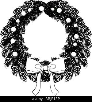 Pine tree branches with bow and ribbons black and white composition isolated. Vector graphic line ink illustration. Decoration for holiday banners, pa Stock Vector