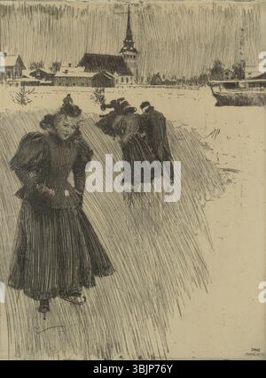 'On the Ice at Mora' (1898) is an etching by Anders Zorn, depicting a tranquil winter scene on a frozen lake in Mora, Sweden. The artwork captures Zorn’s skillful use of light and shadow, reflecting his ability to create atmospheric effects through etching. Stock Photo