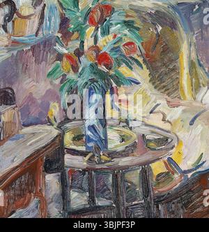 Jens Adolf Jerichau (1890–1916) created 'Opstilling med blomster' (Still life with flowers) around 1912. The oil painting on canvas showcases a carefully arranged display of flowers, capturing the natural beauty with vivid color and detail. Stock Photo