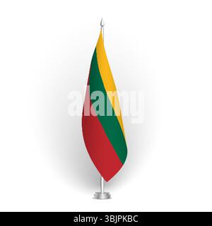 Lithuania flag - 3D standard conference flag hanging on ground flagpole. Usable for summit, indoor meeting, board room, government office, press room or reception. Vector flag with shading Stock Vector
