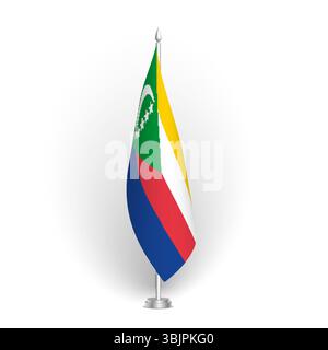 Comoros flag - 3D standard conference flag hanging on ground flagpole. Usable for summit, indoor meeting, board room, government office, press room or reception. Vector flag with shading Stock Vector