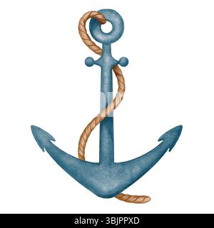 Watercolor illustration of a blue metal anchor wrapped with a brown rope. Hand drawn nautical style on a white background Stock Photo