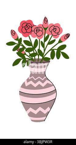Classic Vase with Pink Flowers and Leaves Stock Vector