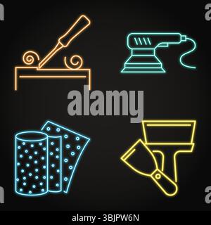 Furniture renewal tools neon icon set. Scraper craft instruments. Chisel, orbital sander, sandpaper and putty knife. Vector illustration Stock Vector
