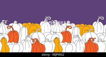Pumpkins Seamless border on purple background. Vector horizontal banner hand drawn endless design. Stock Vector