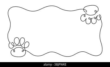Pet paw single line horizontal frame. Domestic animal footprint black and white outline background. Stock Vector