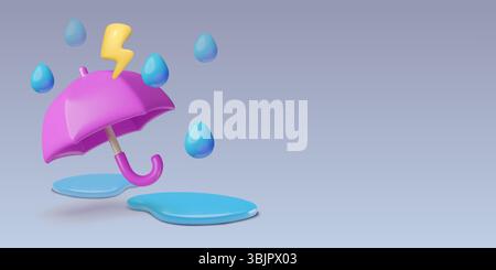 3D Monsoon background with copy space, umbrella, rain drops, puddles and lightning bolt. Stock Vector