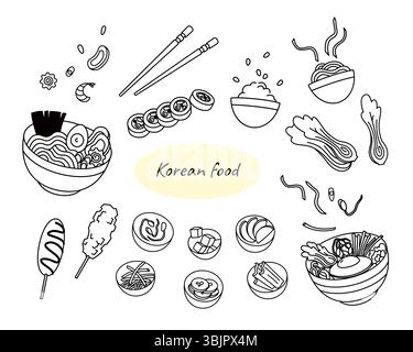 Korean food set black and white doodle illustration on white background Stock Vector