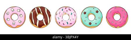 Various Donuts collection brown pink mint colorful doughnuts collection cartoon vector illustration Stock Vector