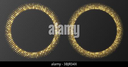 Golden halftone frames, glowing circle borders, round pattern with dots, radial disco luxury design element. Stock Vector