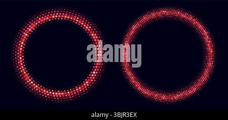 Red halftone frames, glowing circle borders, round pattern with dots, radial disco luxury design element. Stock Vector