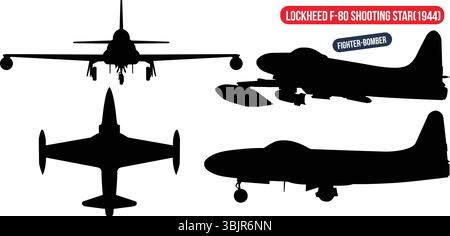 Black Silhouette Vector of Lockheed F-80 Shooting Star Fighter-Bomber from 1944 Stock Vector