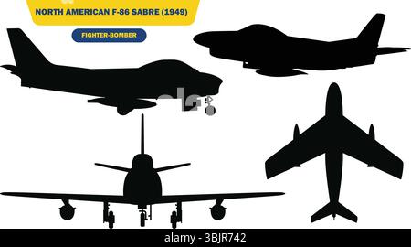 Vector Illustration of North American F-86 Sabre Fighter Jet Front Side and Top Silhouettes Stock Vector