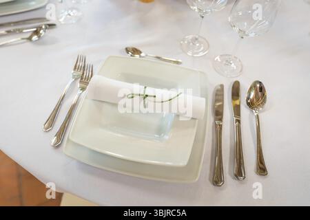 Minimalist table decoration with folded napkin and elegant cutlery, event and wedding location Kloster Lorch, Lorch, Germany, Europe Stock Photo