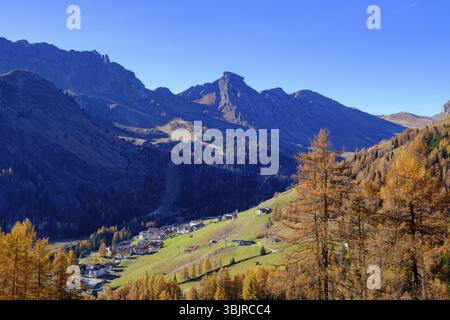 From the Campolongo Pass to the Buchenstein Valley with Arabba, Veneto, Dolomites, Italy, Europe Stock Photo