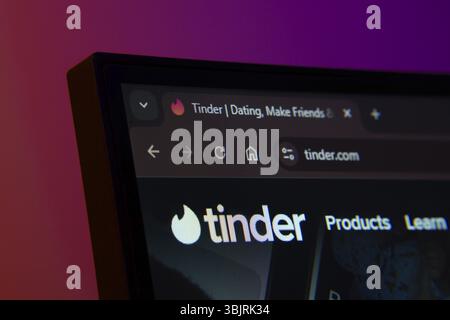 Dhaka, Bangladesh- 02 June 2025: Close-up of a computer screen displaying the tinder web interface in dark mode Stock Photo