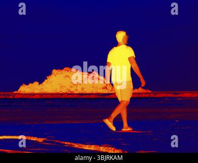 Walk along the sea. Walking man. Scanning the people's body temperature with a thermal imager. Blurred anonymous people Stock Photo