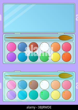 Cartoon colorful watercolor paint set with brushes, school art supplies for kids on purple background. For back to school stationery concept, educatio Stock Vector