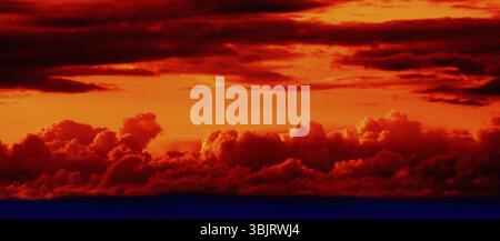 Cloudscape in colors. A panorama of cumulus clouds on the horizon after a prolonged rain. Illustration of thermal image Stock Photo