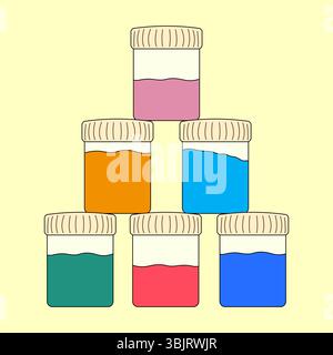 Cartoon set of colorful paint jars in pyramid shape on light yellow background. School art supplies for creative learning. For back to school statione Stock Vector