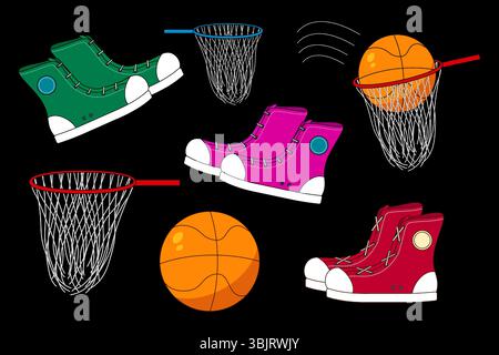 Cartoon illustration of an basketball set of balls, hoops, and sneakers on black background. For back to school theme, sports and physical education v Stock Vector