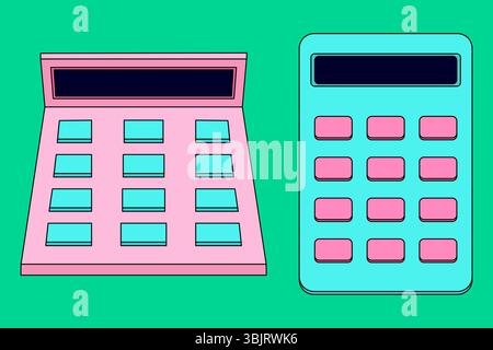Cartoon vector illustration of an two colorful calculators set on green background. School math supplies. For back to school stationery concept, educa Stock Vector